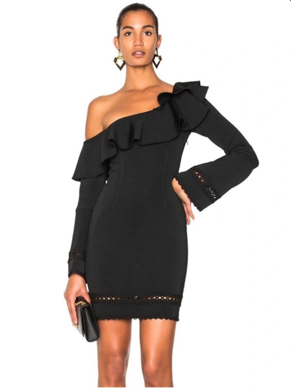 Nicholas Black Bandage One Shoulder Dress Ruffle Bell-Sleeve Size 6
